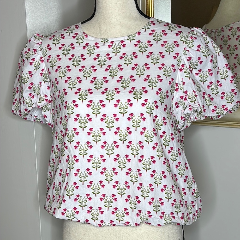 Shop the Mint Boutique Floral Puff Sleeve Blouse - White and Pink